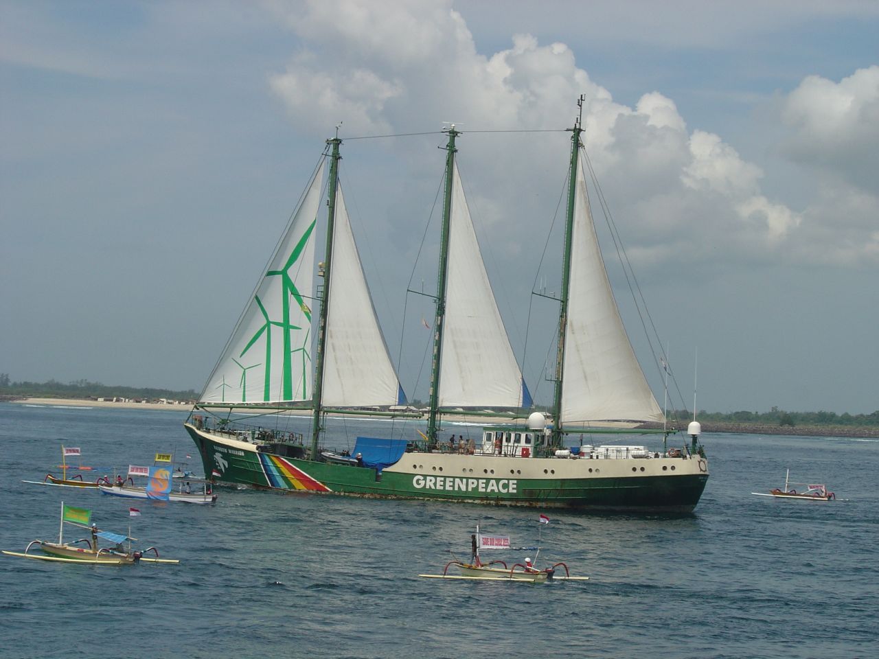 Greenpeace's second Rainbow Warrior ship arrives in Bali for the 2007 UN climate conference.