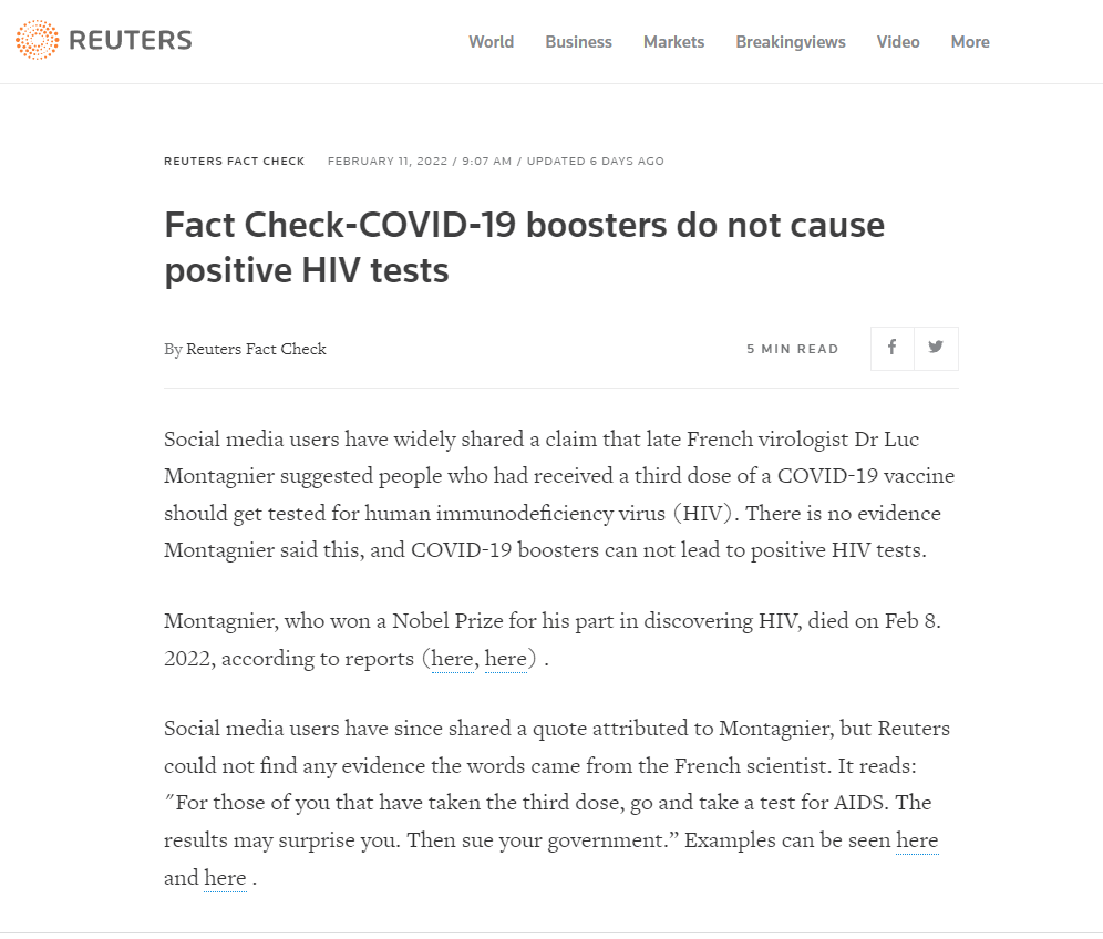French virologist Dr Luc Montagnier suggested people who had received a third dose of a COVID-19 vaccine should get tested for human immunodeficiency virus (HIV).