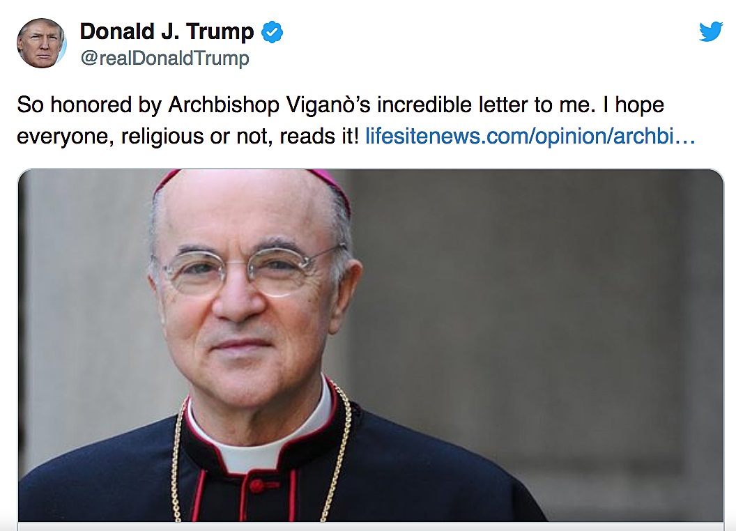U.S. President Donald Trump tweeted June 11 that he was "honored" by an open letter written by Archbishop Carlo Maria Vigano, who served as nuncio to the United States from 2011 to 2016. In the letter, the former nuncio claimed that lockdown restrictions and unrest in the United States were part of a plot to establish a new world order. (CNS photo/Twitter) See TRUMP-VIGANO-LETTER June 11, 2020.